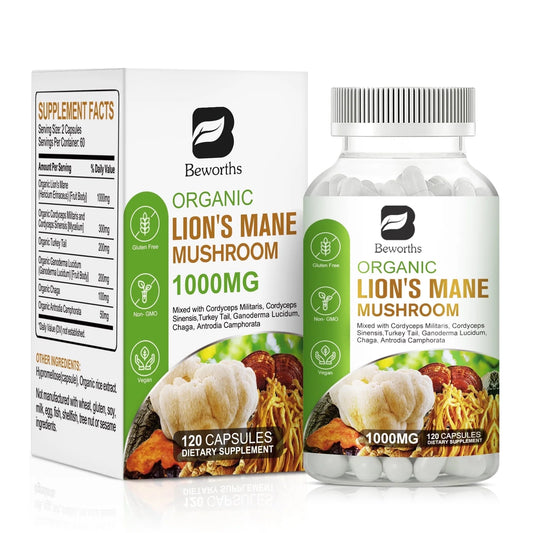 Mushrooms Lion’S Mane Capsules - Organic Lions Mane Mushroom - Brain Mushroom Supplements - Vegan, 120 Caps